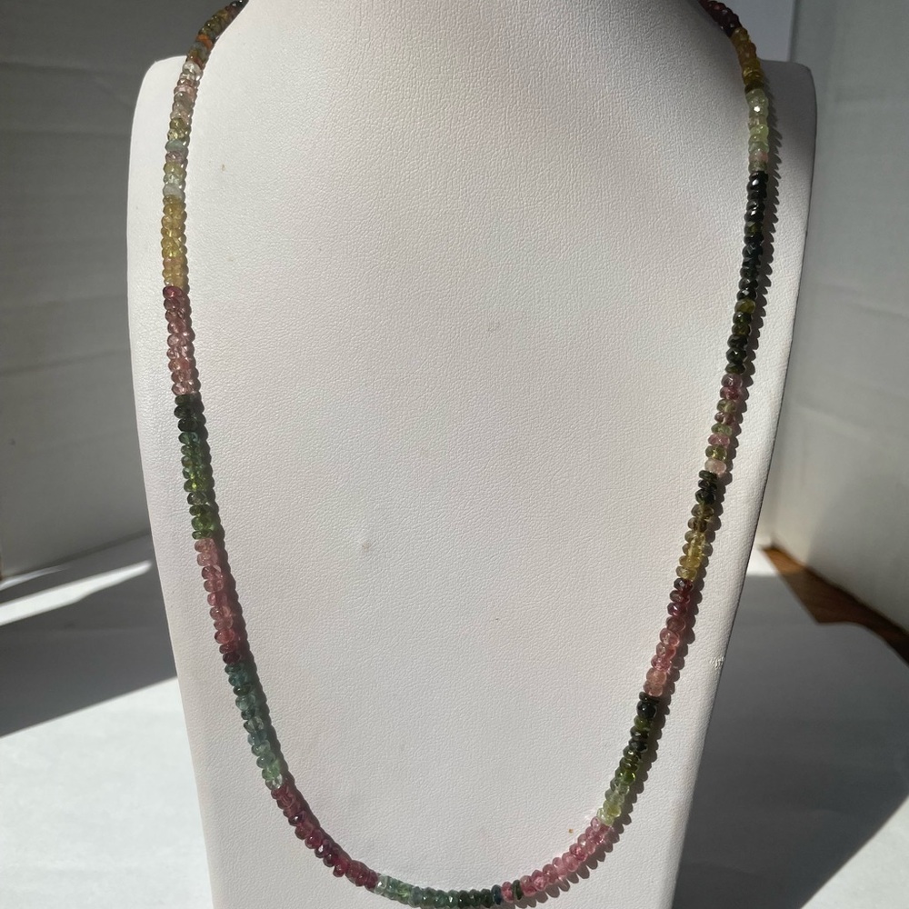 Faceted Watermelon Tourmaline 4mm beads 22” long with lobster claw clasp.